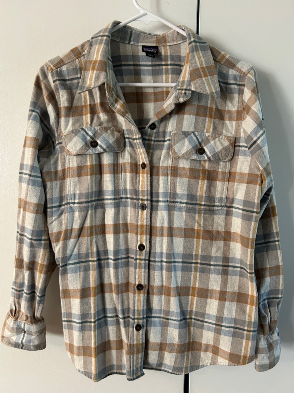 Patagonia Plaid Button-Down Shirt Jacket in Cream, Brown, Yellow, Blue